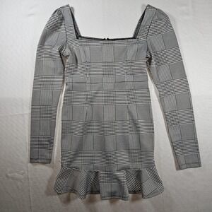 Forever 21 Glen Plaid Ruffle Hem Mini Dress Square Neck Long Sleeve Gray Medium